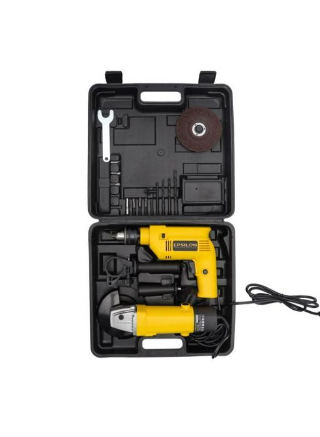 إبسلون مجموعة أدوات كهربائية من إبسيلون مكونة من قطعتين- EP1042 تتضمن مثقابًا صدميًا وجلاخة زاوية للاستخدام المنزلي والعمل - أسود وأصفر - Image 1