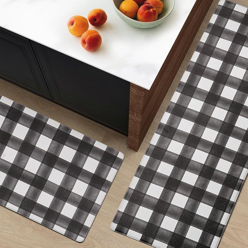 Fresh Mint Modern Farmhouse Plaid 2 Piece Set Kitchen Mats for Floor Anti Fatigue Waterproof & Non-Skid Kitchen Rugs Cushioned Kitchen Mat for Standing Washable Comfort Desk Kitchen Runners - Image 2