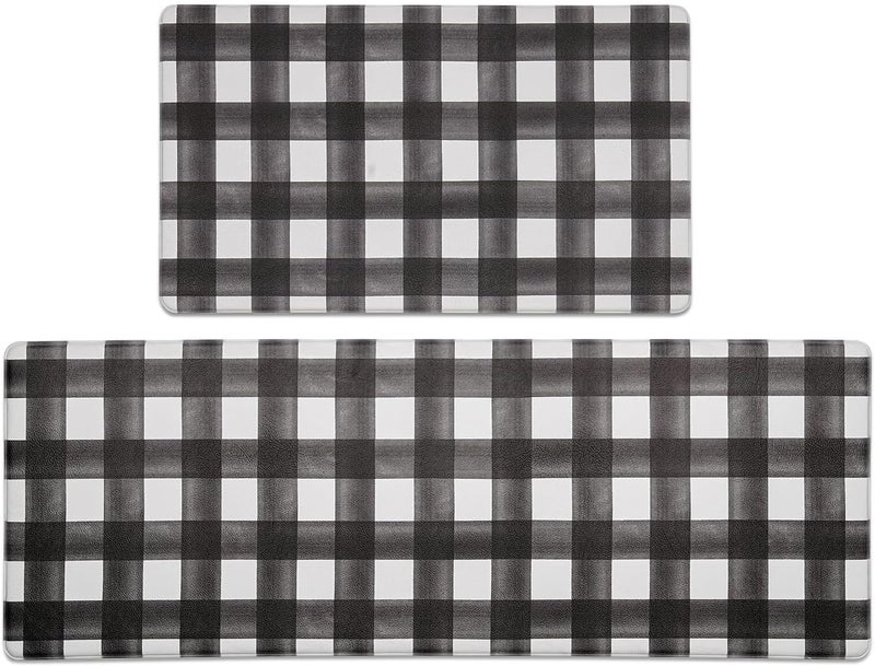 Fresh Mint Modern Farmhouse Plaid 2 Piece Set Kitchen Mats for Floor Anti Fatigue Waterproof & Non-Skid Kitchen Rugs Cushioned Kitchen Mat for Standing Washable Comfort Desk Kitchen Runners - Image 1