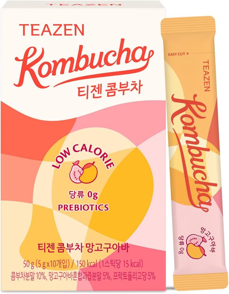TEAZEN Mango Guava Kombucha Tea - Sugar Free Hydration Drink Mix with Probiotics & Prebiotics, 10 Sticks - Image 1
