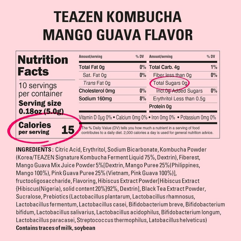 TEAZEN Mango Guava Kombucha Tea - Sugar Free Hydration Drink Mix with Probiotics & Prebiotics, 10 Sticks - Image 2