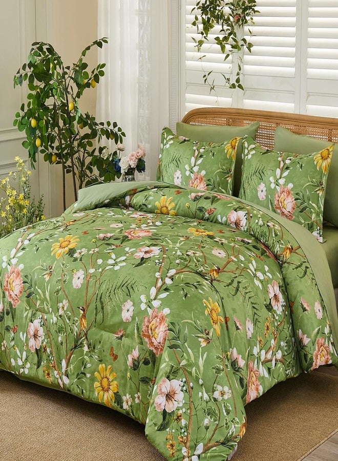 Yiran Sage Green Hibiscus Floral Comforter Set King Size, 7 Piece Bird Flowers Botanical Comforter Bedding Set, Vintage Bed in a Bag, Soft Microfiber Complete Bedding Set with Sheets for All Season - Image 2