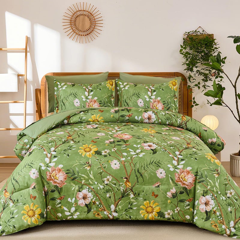 Yiran Sage Green Hibiscus Floral Comforter Set King Size, 7 Piece Bird Flowers Botanical Comforter Bedding Set, Vintage Bed in a Bag, Soft Microfiber Complete Bedding Set with Sheets for All Season - Image 1