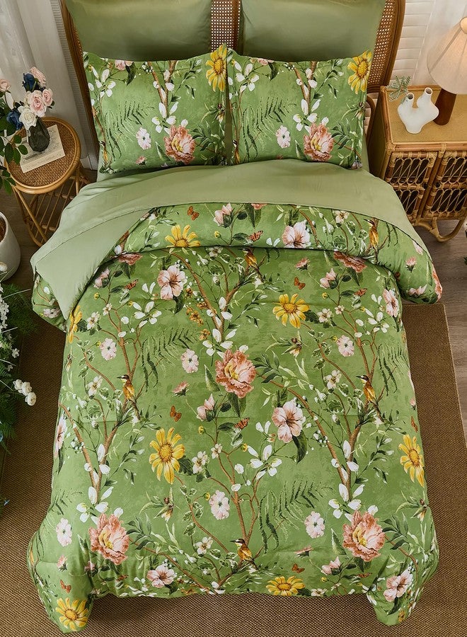 Yiran Sage Green Hibiscus Floral Comforter Set King Size, 7 Piece Bird Flowers Botanical Comforter Bedding Set, Vintage Bed in a Bag, Soft Microfiber Complete Bedding Set with Sheets for All Season - Image 3
