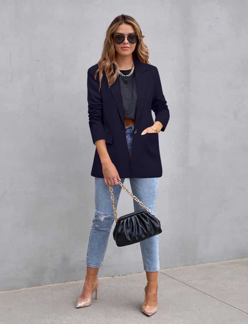 CRAZY GRID Womens Casual Blazer Button Business Suit Jacket Long Sleeve Work Office Fashion Dressy Ladies Blazer Jacket Dark Blue Size XX-Large - Image 4