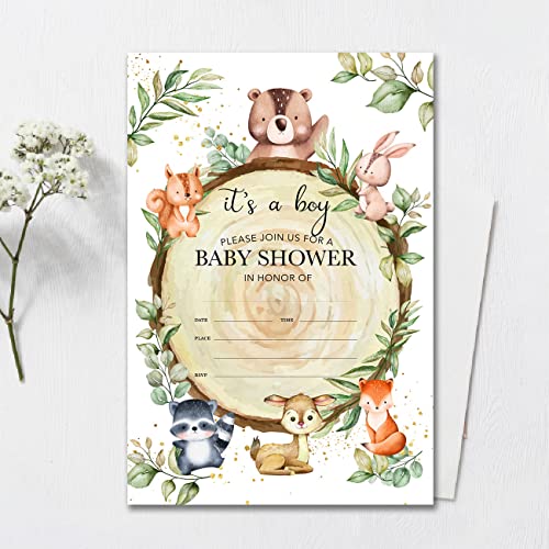 YIDOU Woodland Baby Shower Party Invitations Cute Forest Greenery Wild Animals Baby Shower Party Fill In Invites Cards 20 Invitations and Envelopes (Double Sided) - Image 3