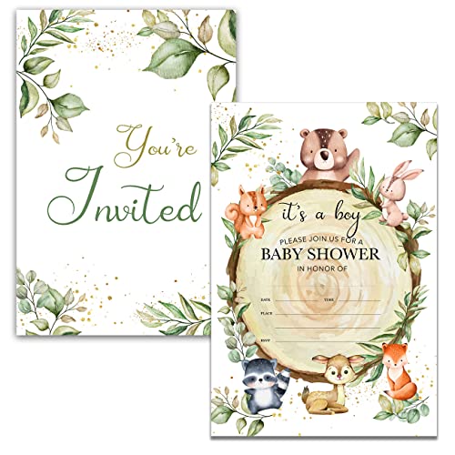 YIDOU Woodland Baby Shower Party Invitations Cute Forest Greenery Wild Animals Baby Shower Party Fill In Invites Cards 20 Invitations and Envelopes (Double Sided) - Image 2
