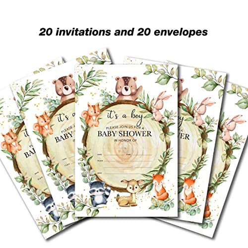 YIDOU Woodland Baby Shower Party Invitations Cute Forest Greenery Wild Animals Baby Shower Party Fill In Invites Cards 20 Invitations and Envelopes (Double Sided) - Image 4