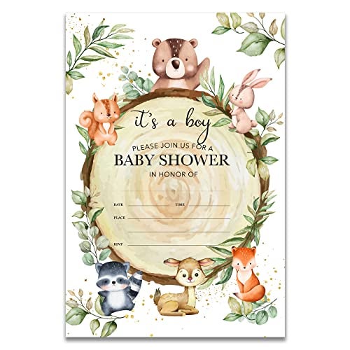 YIDOU Woodland Baby Shower Party Invitations Cute Forest Greenery Wild Animals Baby Shower Party Fill In Invites Cards 20 Invitations and Envelopes (Double Sided) - Image 1