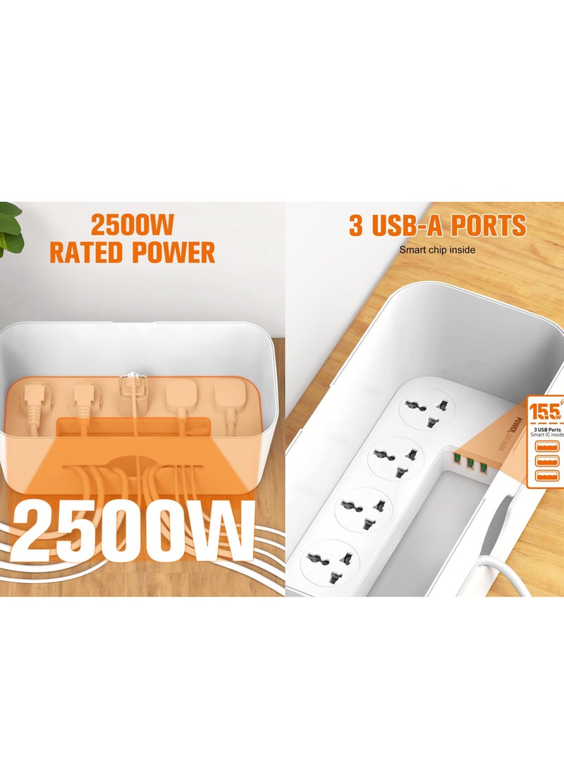 SYOSI Extension Lead with USB Slots ,5 Outlets, 3 USB Ports Extension Lead with Overload Protection, 2M Power Strip Cable and Tidy Box in White - Image 3