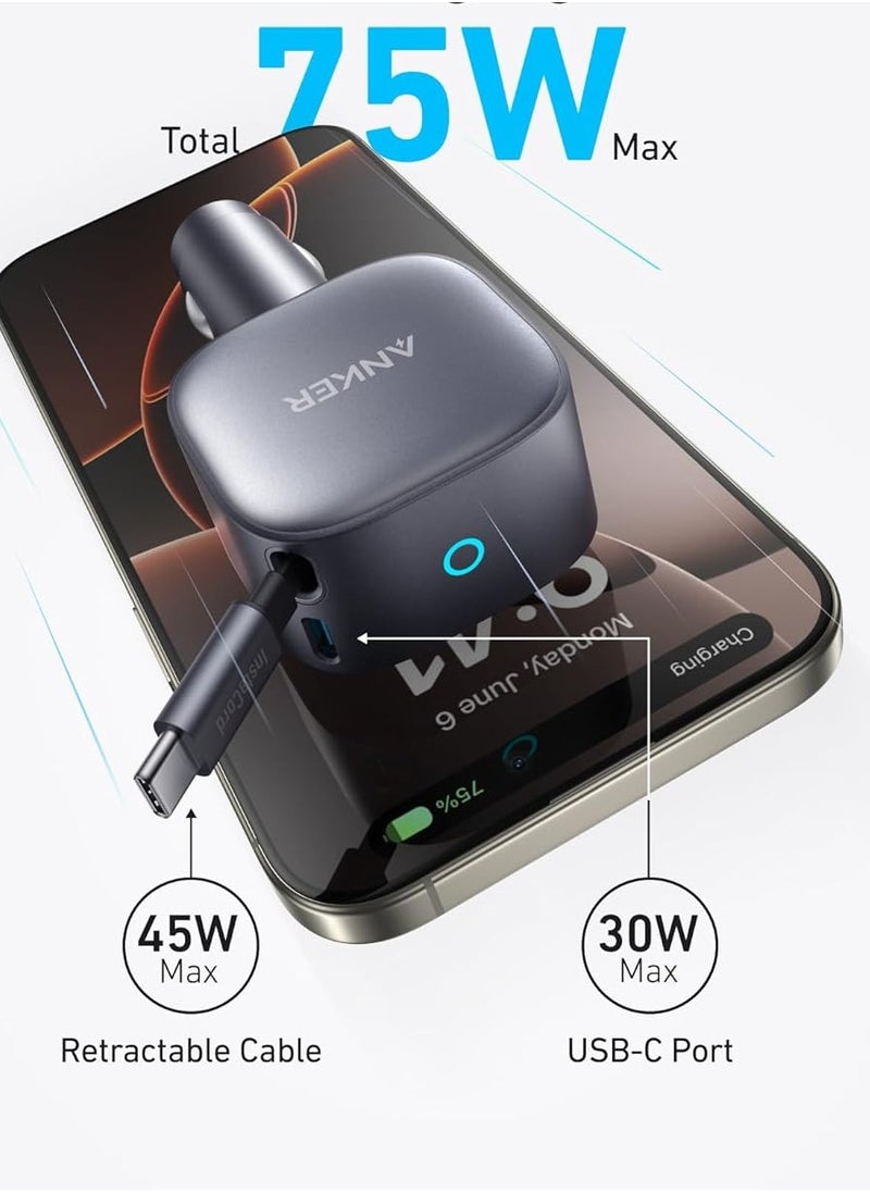AnkerWork Car Charger, 75W Max Ultra-Compact USB C Car Charger with Built-In Retractable Cable, USB C Car Adapter for iPhone 16/15/14 Series, iPad, Galaxy, AirPods, and More Gray  - Image 2