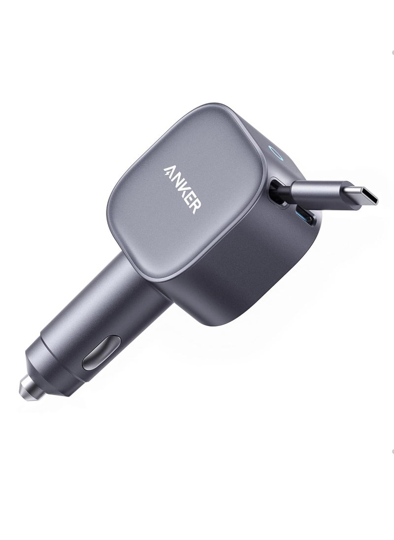 AnkerWork Car Charger, 75W Max Ultra-Compact USB C Car Charger with Built-In Retractable Cable, USB C Car Adapter for iPhone 16/15/14 Series, iPad, Galaxy, AirPods, and More Gray  - Image 1