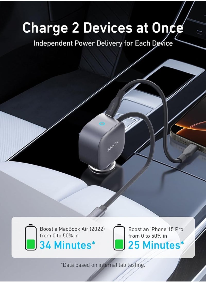 AnkerWork Car Charger, 75W Max Ultra-Compact USB C Car Charger with Built-In Retractable Cable, USB C Car Adapter for iPhone 16/15/14 Series, iPad, Galaxy, AirPods, and More Gray  - Image 5