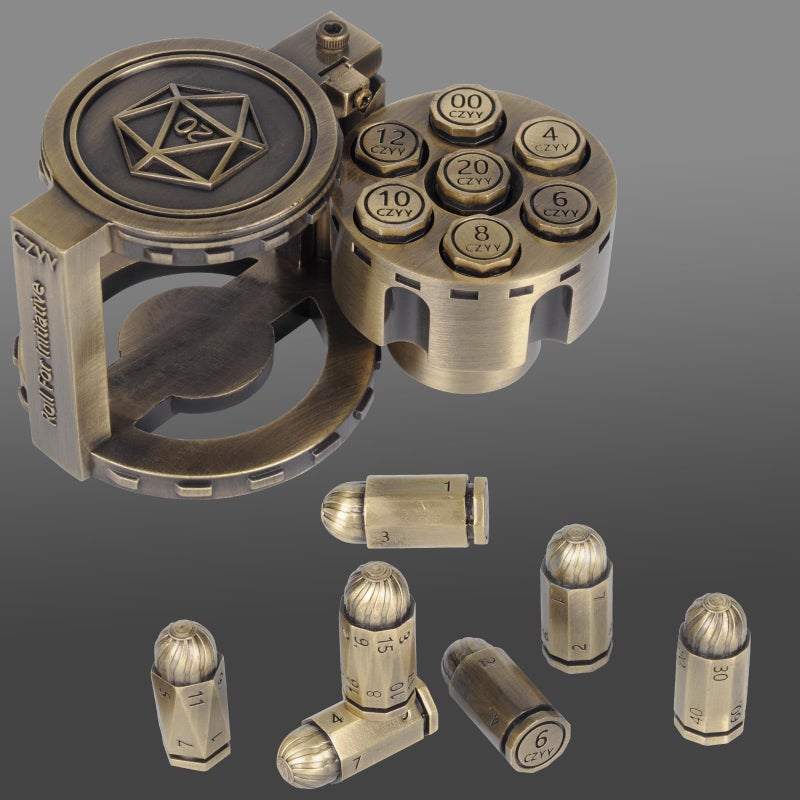 CZYY Metal Polyhedral Bullet Dice Set of 7 with Spinning Revolver Cylinder Container - Cyberpunk Style Dice for D&D, Sci-Fi, War, or Crime Theme Tabletop Games (Bronze) - Image 1