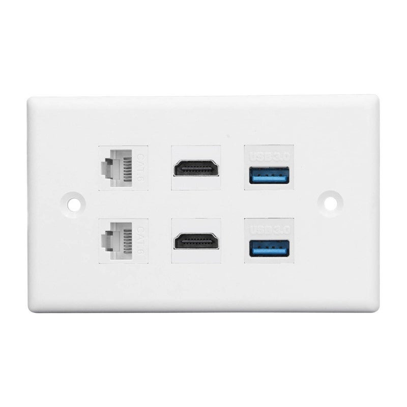 لوحة حائط بـ 6 منافذ: كابل إيثرنت Cat 6، واجهة وسائط متعددة عالية الوضوح، USB - عدد 2 واجهة وسائط متعددة عالية الوضوح، عدد 2 منفذ Cat 6، عدد 2 منفذ USB 3.0، لوحة حائط إيثرنت لأجهزة التلفاز عالية الوضوح المنزلية - Image 1