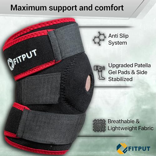 FITPUT Knee Cap for Men and Women, Breathable Knee Support for Gym Workout, Running, Arthritis Relief, Knee Brace for Ligament Tear, Pain Relief, Black/Red (1 Pair, Black and Red) - Image 3