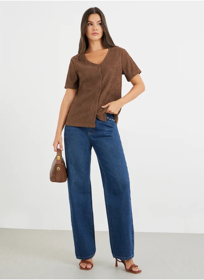 ستايلي Styli Textured V-Neck Front Button Blouse