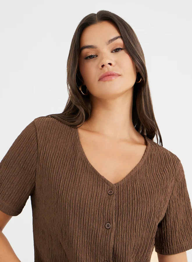 Styli Styli Textured V-Neck Front Button Blouse