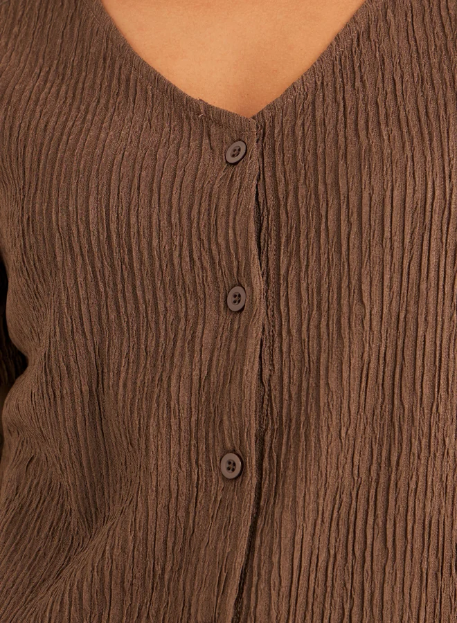 Styli Styli Textured V-Neck Front Button Blouse