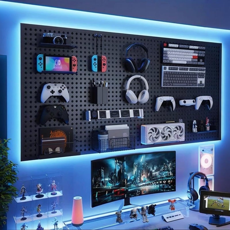 Qustikuri Peg Board with RGB+IC LED Strip Lights,4PCS Metal Pegboard Panels,Heavy Duty Pegboard Gaming Room Wall Organizer Peg Board with 20 Hooks, Wall Mounted 12 * 24â€ - Image 1