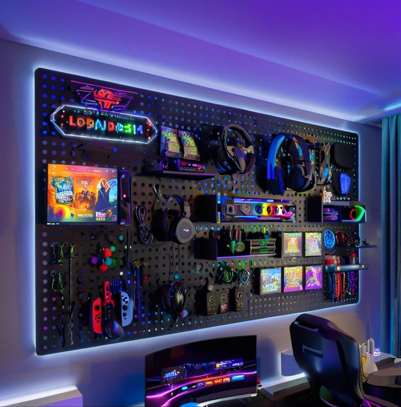 Qustikuri Peg Board with RGB+IC LED Strip Lights,4PCS Metal Pegboard Panels,Heavy Duty Pegboard Gaming Room Wall Organizer Peg Board with 20 Hooks, Wall Mounted 12 * 24â€ - Image 2