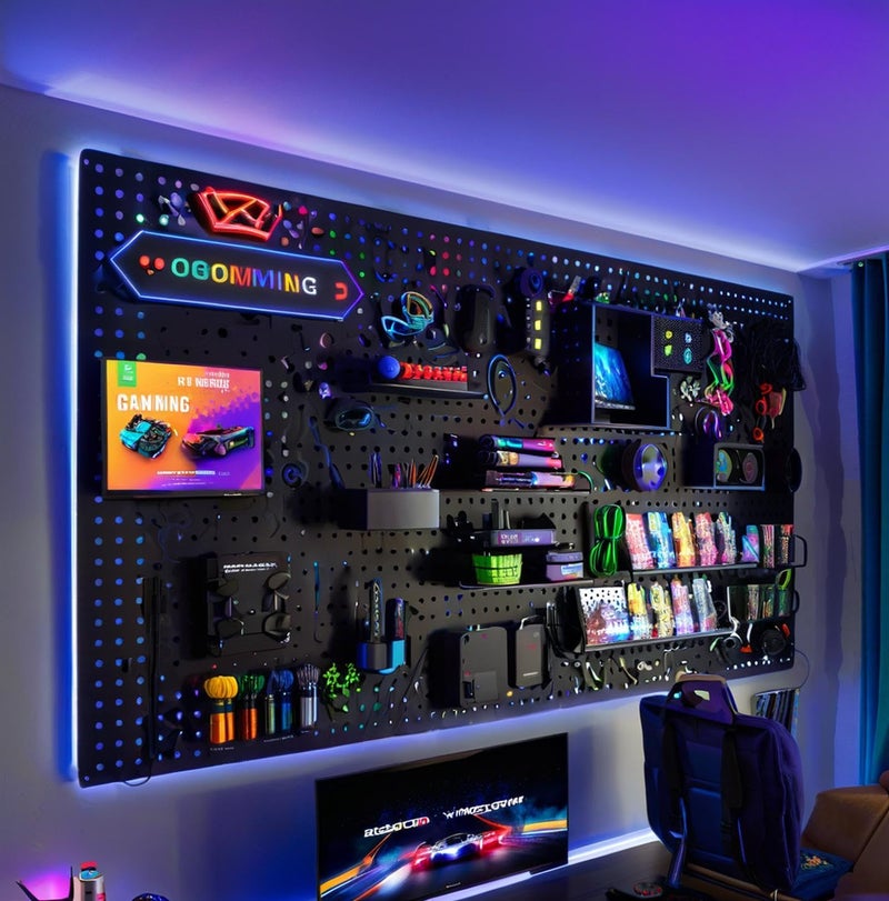 Qustikuri Peg Board with RGB+IC LED Strip Lights,4PCS Metal Pegboard Panels,Heavy Duty Pegboard Gaming Room Wall Organizer Peg Board with 20 Hooks, Wall Mounted 12 * 24â€ - Image 4