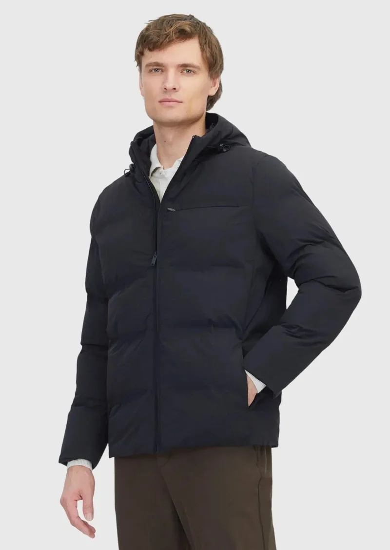 رامسي معطف أسود بقصة عادية وغطاء رأس، مصنوع من نسيج منسوج غير رسمي