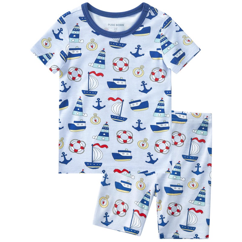 pureborn Toddler Viscose From Bamboo Pajamas Set Pjs - Little Boy Short Sleeve Snug Fit Soft Sleepwear 2pcs Sailing Boat 3T - Image 1