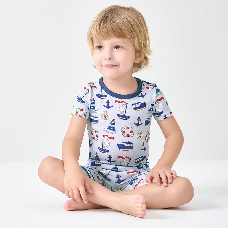 pureborn Toddler Viscose From Bamboo Pajamas Set Pjs - Little Boy Short Sleeve Snug Fit Soft Sleepwear 2pcs Sailing Boat 3T - Image 3
