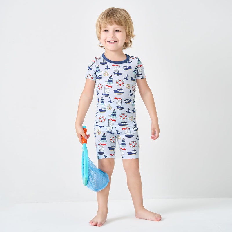 pureborn Toddler Viscose From Bamboo Pajamas Set Pjs - Little Boy Short Sleeve Snug Fit Soft Sleepwear 2pcs Sailing Boat 3T - Image 2