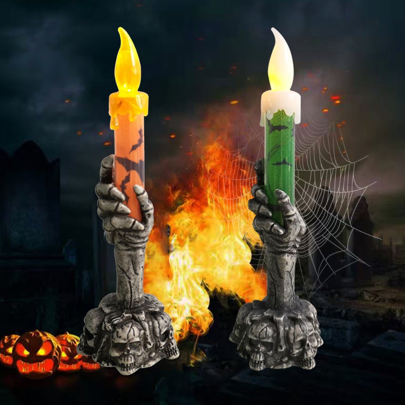Flickering Flameless Candlelight: Orange Skull Ghost Design - Warm White Spooky Ambient Lamp for Halloween Party Decor, Table Centerpiece, Spooky Night Use - Image 2