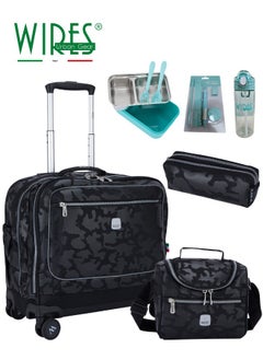 Wires 3 Piece Kids School Trolley Bag laptop compartment 8 Wheels With Lunch bag & Pencil Case  - Image 1