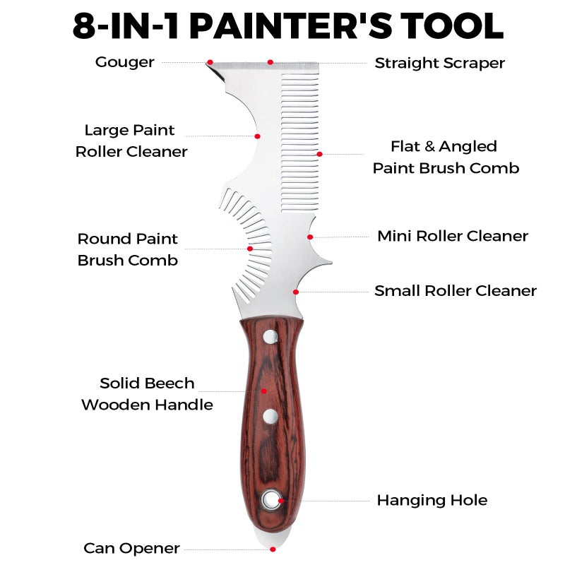 PinStone Paint Brush and Roller Cleaner Tool - Paint Brush Comb, Paint Roller Cleaner, Solvent-Resistant Stainless Steel Blade, Premium Beech Wooden Handle, Putty Knife Scraper, 8-In-1 Painters Tool - Image 2