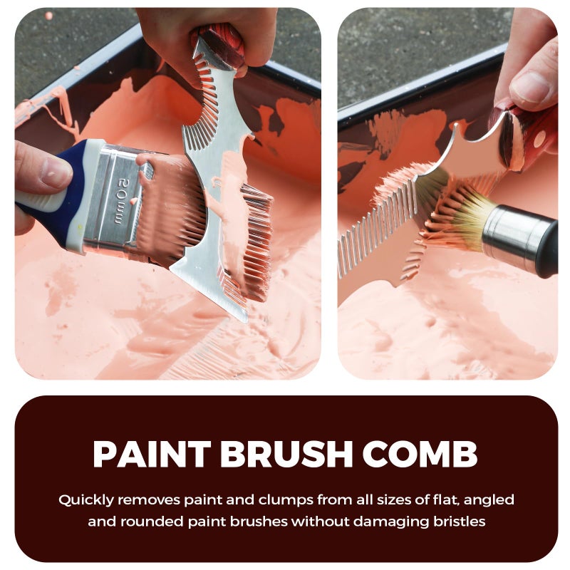 PinStone Paint Brush and Roller Cleaner Tool - Paint Brush Comb, Paint Roller Cleaner, Solvent-Resistant Stainless Steel Blade, Premium Beech Wooden Handle, Putty Knife Scraper, 8-In-1 Painters Tool - Image 3