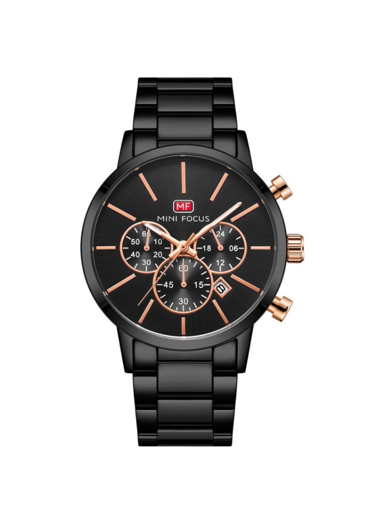 MINI FOCUS Casual Watch for Men, Chronograph, Water Resistant, Calendar, Quartz, Men's Stainless Steel Band, Black and gold-MF0294G.04 - Image 1