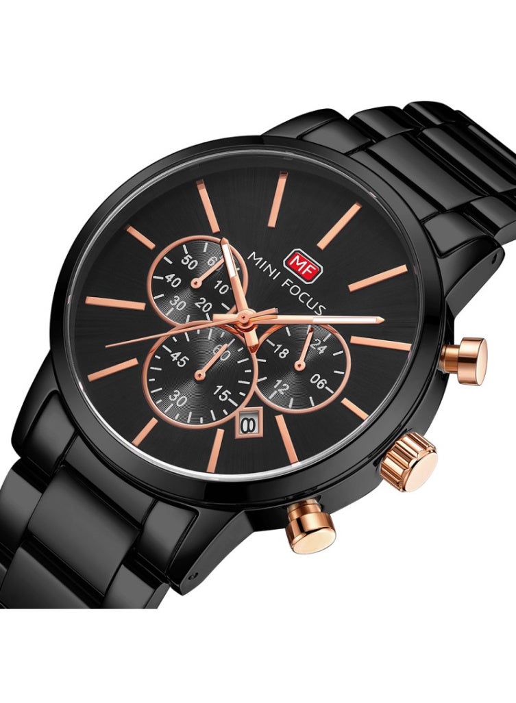 MINI FOCUS Casual Watch for Men, Chronograph, Water Resistant, Calendar, Quartz, Men's Stainless Steel Band, Black and gold-MF0294G.04 - Image 3