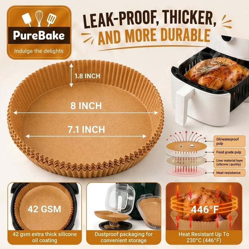 PureBake Liners Parchment Disposable Microwave Non-Stick Air Fryer Disposable Paper Liner for Microwave, Non-Stick Air Fryer Liners Square Free of Bleach (8IN) Round Brown - Image 2