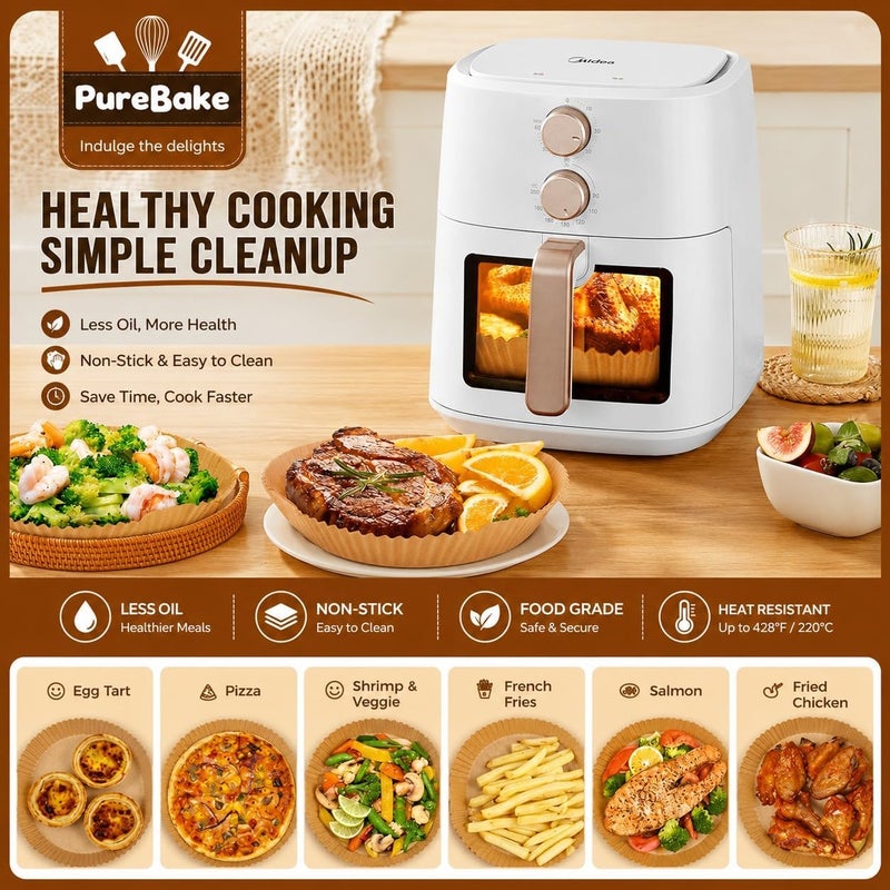 PureBake Liners Parchment Disposable Microwave Non-Stick Air Fryer Disposable Paper Liner for Microwave, Non-Stick Air Fryer Liners Square Free of Bleach (8IN) Round Brown - Image 5