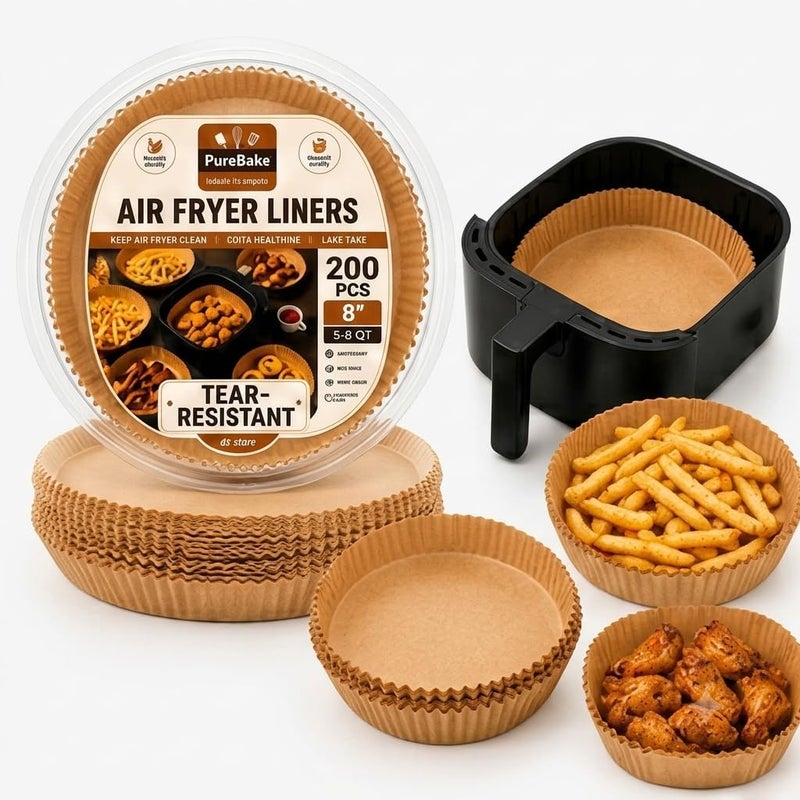PureBake Liners Parchment Disposable Microwave Non-Stick Air Fryer Disposable Paper Liner for Microwave, Non-Stick Air Fryer Liners Square Free of Bleach (8IN) Round Brown - Image 1