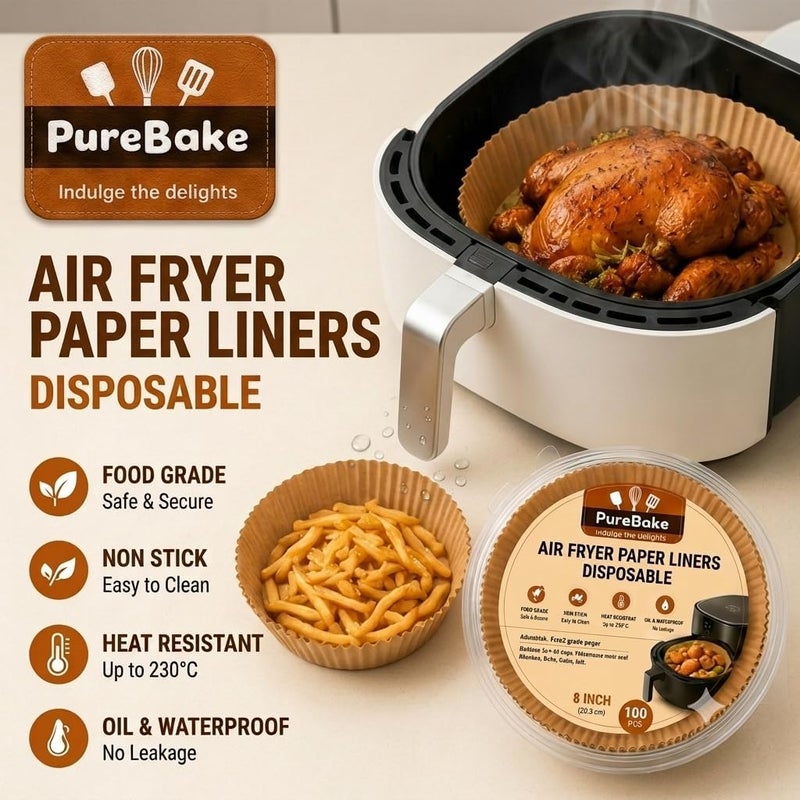 PureBake Liners Parchment Disposable Microwave Non-Stick Air Fryer Disposable Paper Liner for Microwave, Non-Stick Air Fryer Liners Square Free of Bleach (8IN) Round Brown - Image 3