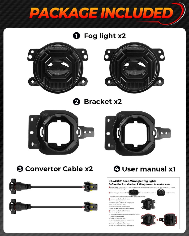 Auto Buero 4 Inch 60W LED Fog Lights for 2007-2024 Jeep Wrangler JL JK JLU Gladiator JKU JL JT Gladiator White Amber Round Fog Lights Assembly with 2 Pair Mounting Brackets, 2 Conversion Cables, DOT Approved - Image 5