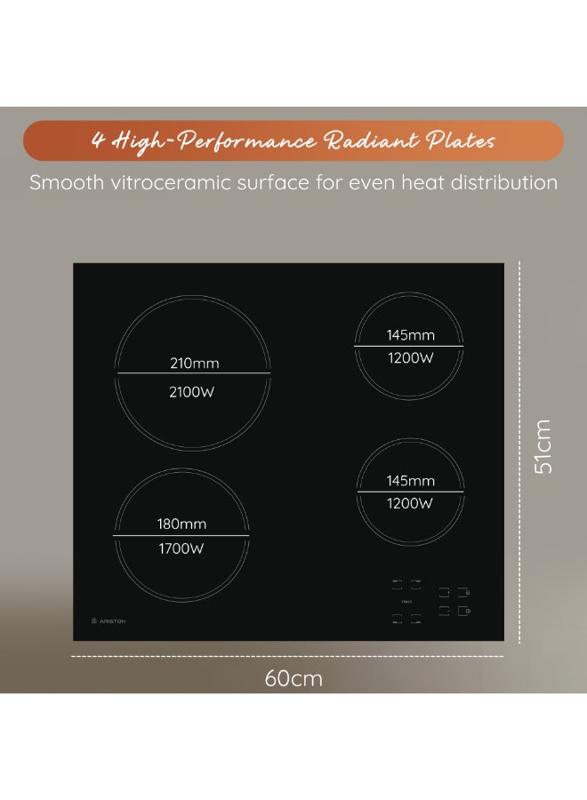 Ariston Built In 60x60cm Ceramic Electric Hob, 4 Cooking Zones, Touch Control Panel, 4 Power On Indicators, Radiant Regulation, Easy Cleaning, Large Pots & Pans Can Be Used, Made In Italy, HR611CA HR611CA Black - Image 4