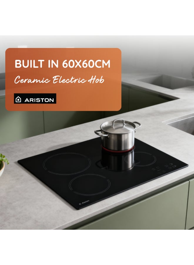 Ariston Built In 60x60cm Ceramic Electric Hob, 4 Cooking Zones, Touch Control Panel, 4 Power On Indicators, Radiant Regulation, Easy Cleaning, Large Pots & Pans Can Be Used, Made In Italy, HR611CA HR611CA Black - Image 2