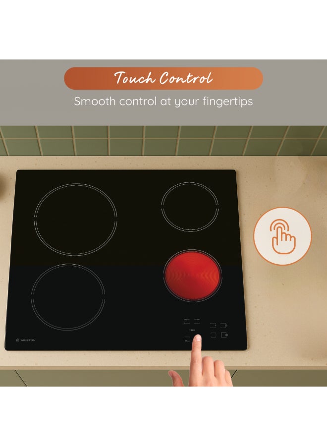 Ariston Built In 60x60cm Ceramic Electric Hob, 4 Cooking Zones, Touch Control Panel, 4 Power On Indicators, Radiant Regulation, Easy Cleaning, Large Pots & Pans Can Be Used, Made In Italy, HR611CA HR611CA Black - Image 5