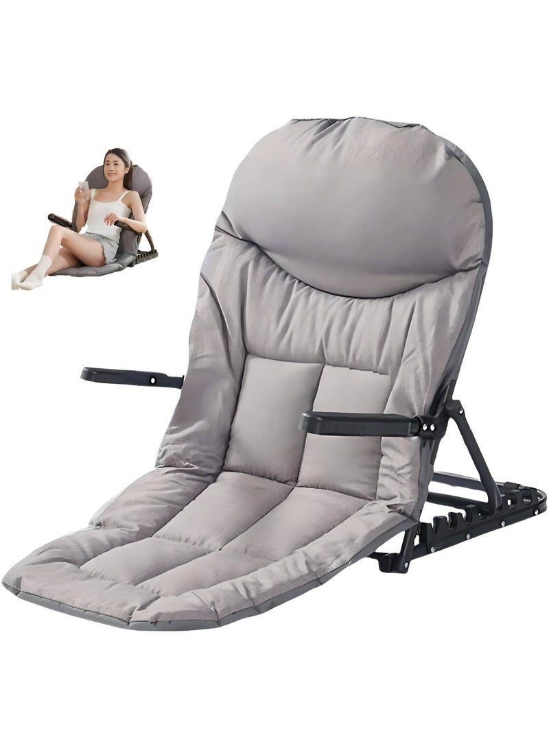 كرسي استرخاء قابل للطي مع مسند ذراع ووسادة، مسند ظهر قابل للتعديل 90° - 135°، كرسي سرير محمول وموفر للمساحة للنوم أو القراءة أو الألعاب باللون الرمادي - Image 1