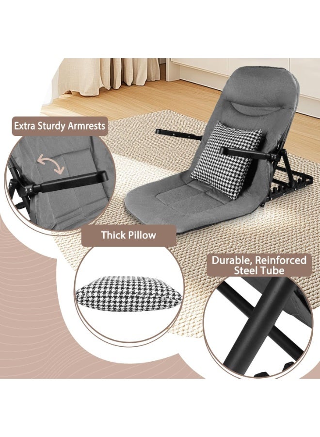 كرسي استرخاء قابل للطي مع مسند ذراع ووسادة، مسند ظهر قابل للتعديل 90° - 135°، كرسي سرير محمول وموفر للمساحة للنوم أو القراءة أو الألعاب باللون الرمادي - Image 3