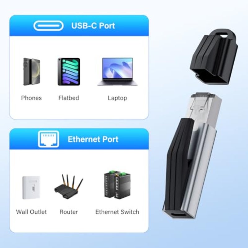 RJ45 to USB C Gigabit Ethernet Adapter 1000Mbps High Speed Aluminum Alloy Portable USB C to RJ45 LAN Converter with Keychain Cap for Laptops Tablets Mobile Devices - Image 2