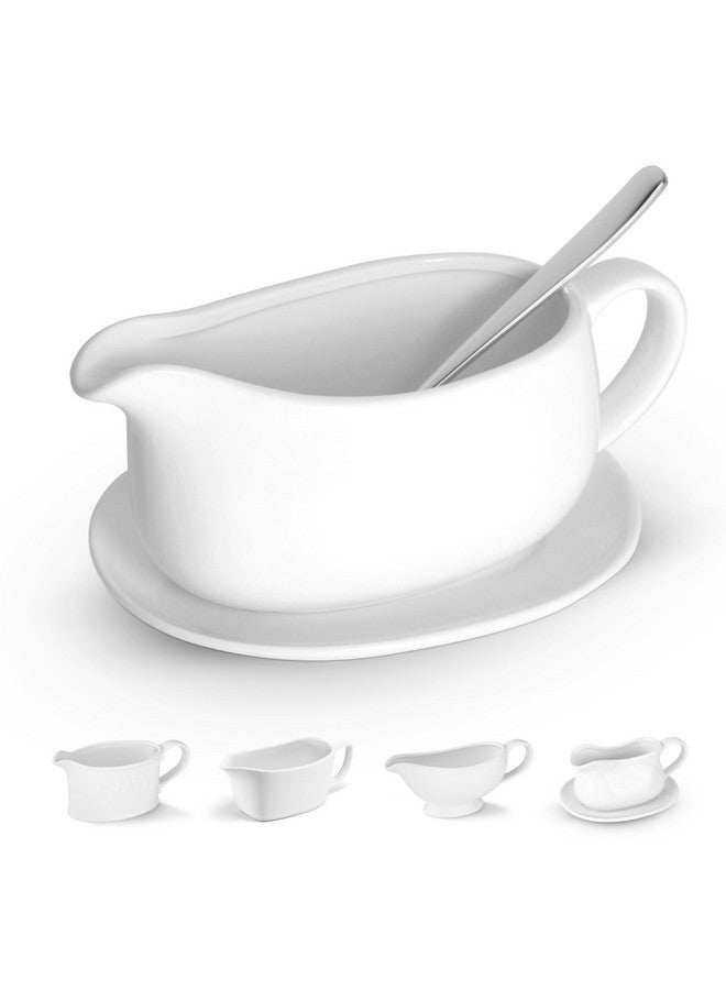 Kook Kook Gravy Boat & Saucer, Ceramic Serving Dish, Dispenser with Tray for Sauces, Dressings and Creamer, Large Handle, Microwave and Dishwasher Safe, White 23.8 oz (Gravy Boat with Spoon)  - Image 1
