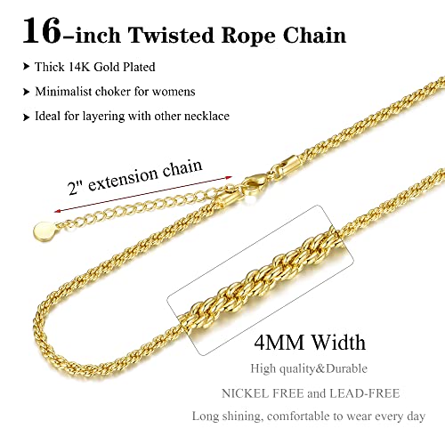 NUZON 4MM Gold Twisted Rope Chain Necklace 18K Gold Plated Link Choker Layering Jewelry for Women 16’’ - Image 4