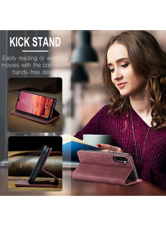 CaseMe Phone Case Luxury PU Leather Design 013 Flip Cover Card Slot Holder Cover For  Samsung Galaxy A17  (WineRed) - Image 4